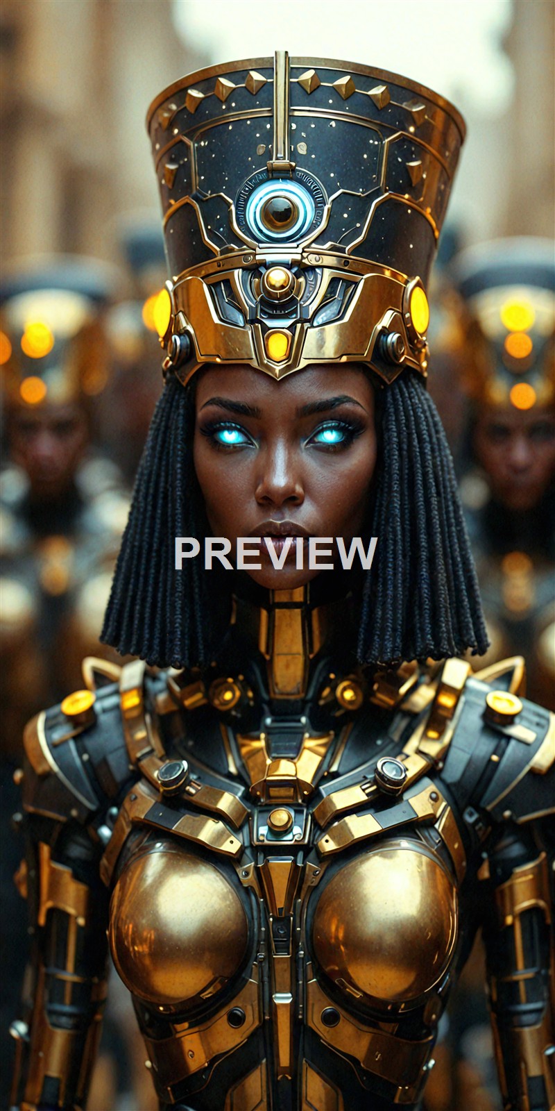A woman with glowing blue eyes wearing an elaborate, gold and black futuristic armor and headpiece, surrounded by similarly dressed figures in a formation.